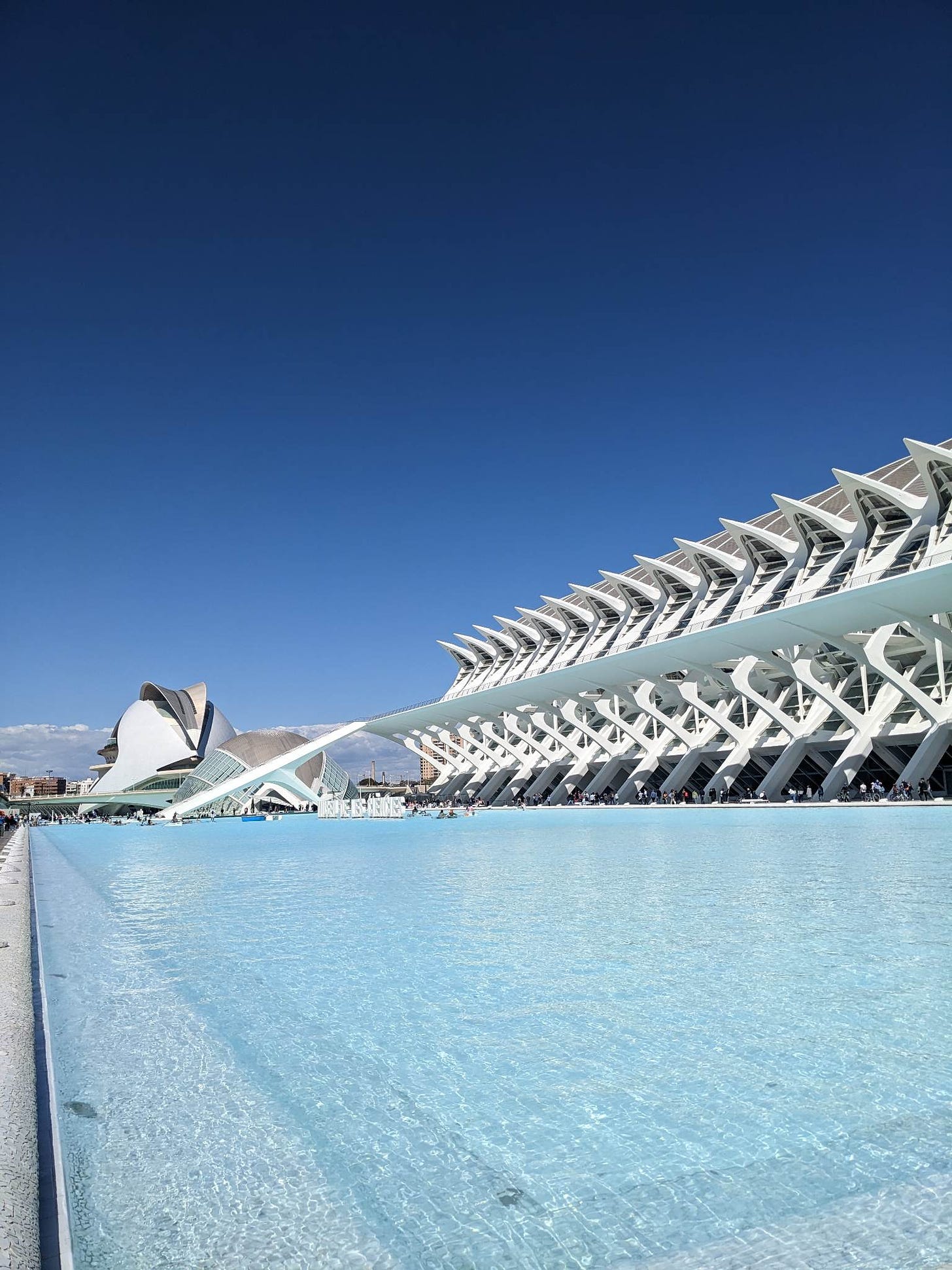 clear blue water, a blue sky and modern white architecture