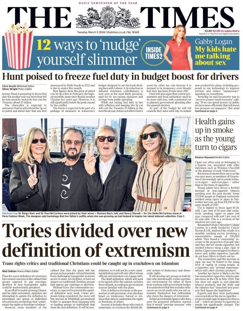Times front page 5 March 2023 featruing headline "Tories divided over new definition of extremism" with sub title "Trans rights critics and traditional Christians could be caught up in crackdown on Islamism"