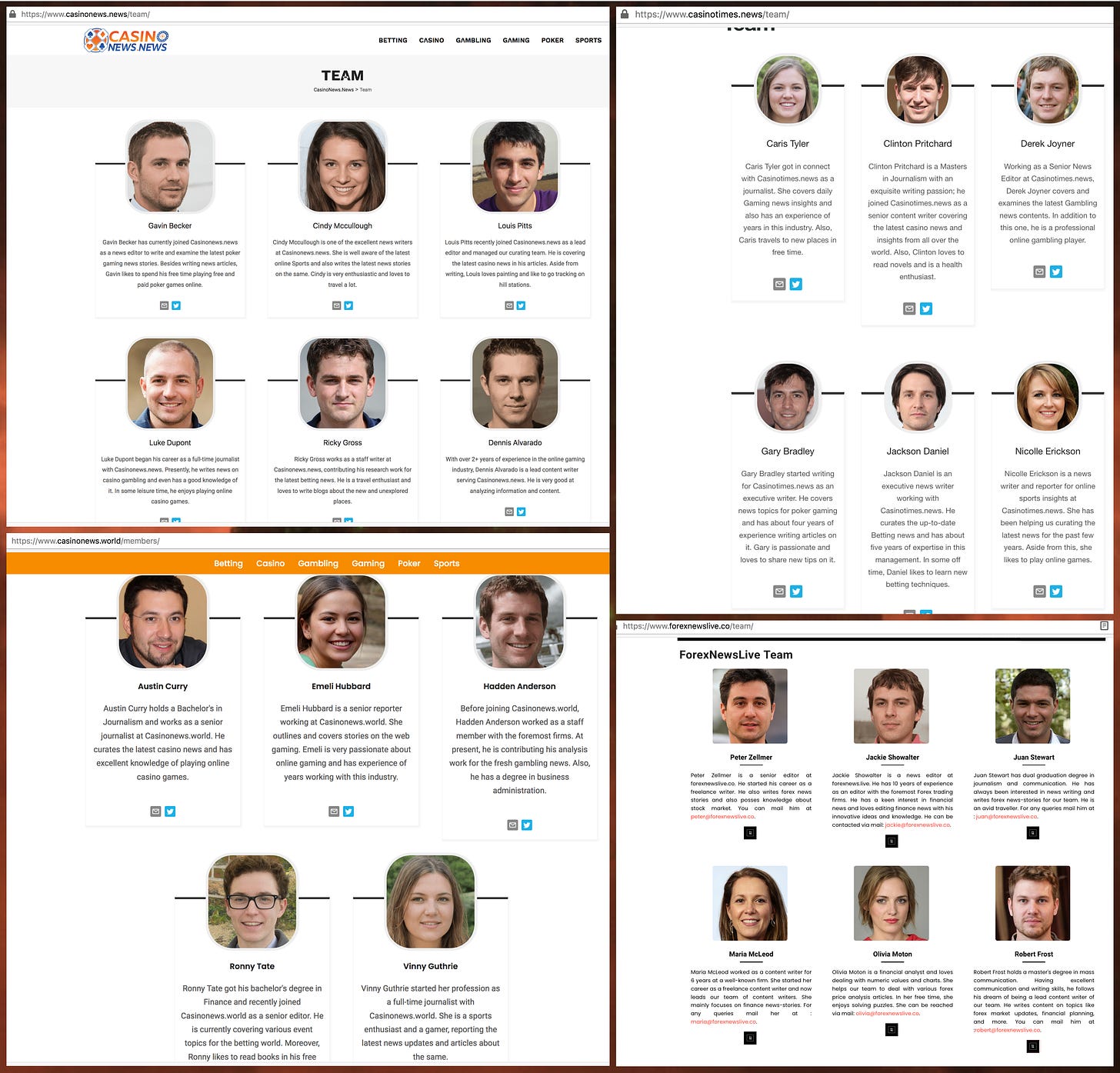 screenshots from 2021 of the author pages from casinonews.news, casinonews.world, casinotimes.news, and forexlive.co.  All "authors" have GAN-generated faces