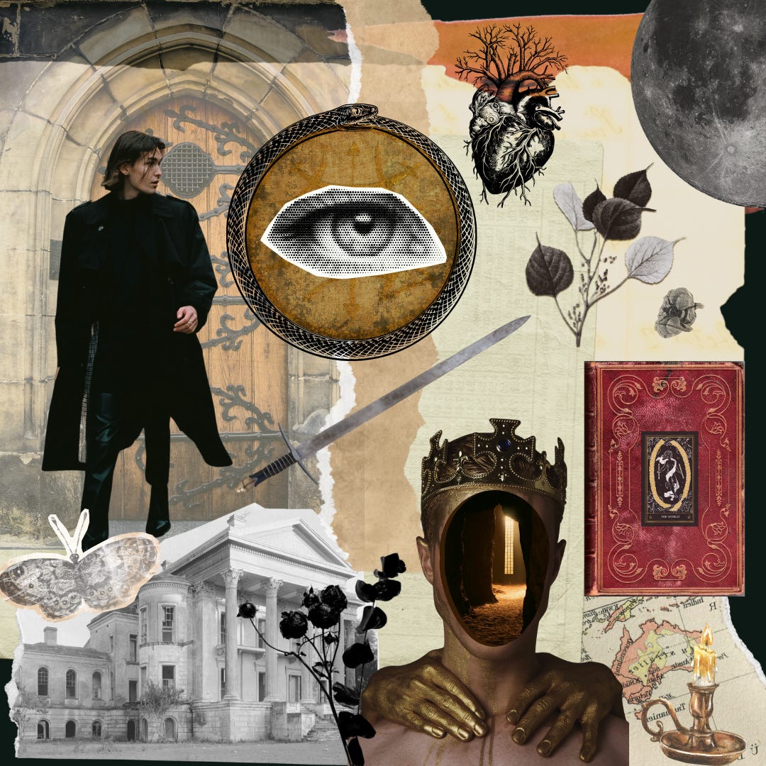 a collage by Bookseller Victoria featuring old buildings, a woman in all black, a gilded red book, a large arched door with ornate ironwork, old paper, a sword and dark flowers