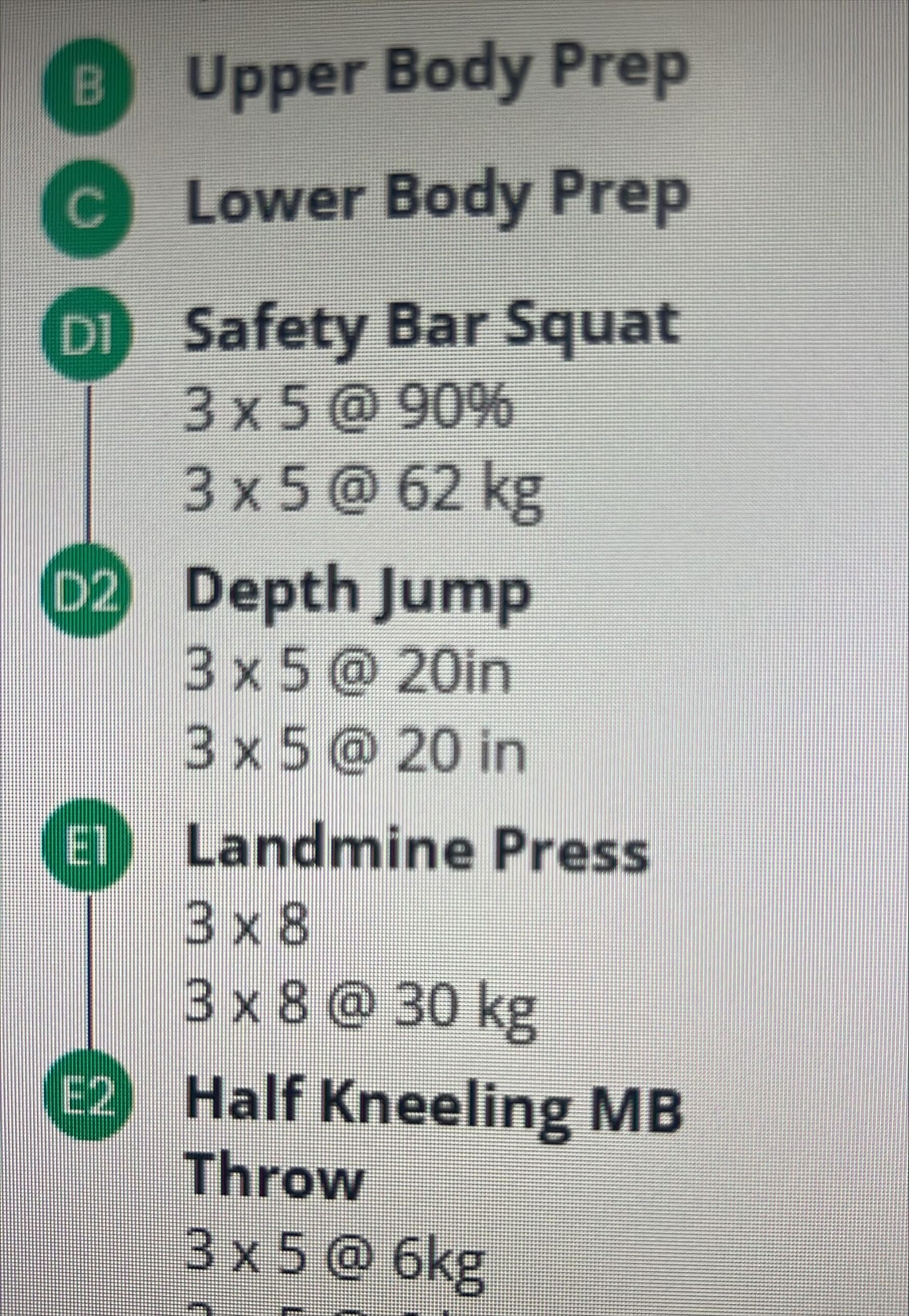 Upper Body Prep 
Lower Body Prep 
Safety Bar Squat 
3 x 5 @ 62 kg 
Depth Jump 
3 X 5 @20jn 
20 in 
ine Press 
30 kg 
knee0ngMB 
prow 
x 5 @ 6kg 