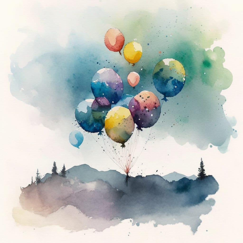 A watercolor of colorful balloons floating over a landscape with trees