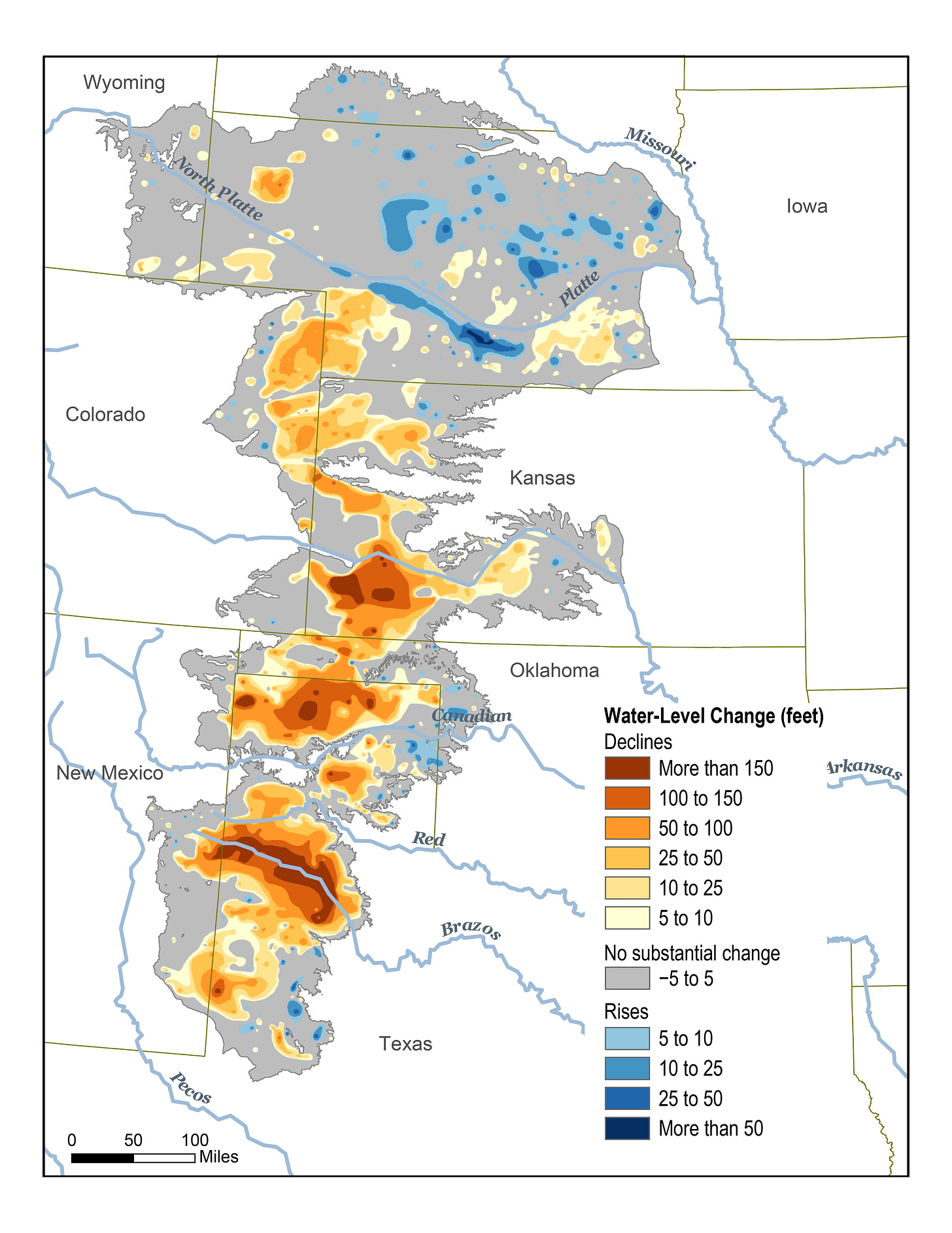 Large version of the NCA map of water level changes to the Ogallala Aquifer