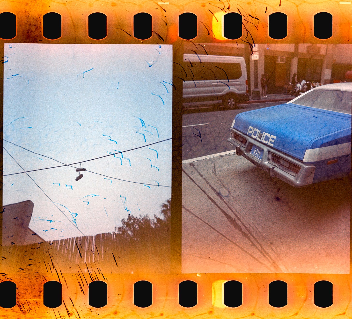 Image on left features two sneakers hanging from telephone wires. Image on right is of a vintage-looking police car from a movie set.