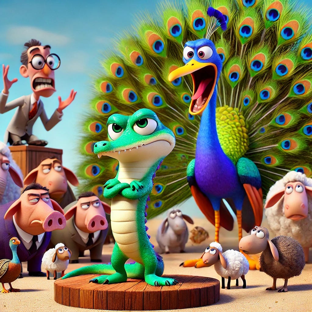 A Pixar-style cartoon featuring Croaky, a small, cute anthropomorphic gator, standing in the foreground with his arms crossed and an annoyed, exasperated expression. Behind him, a flamboyant peacock (symbolizing Randy Fine) stands dramatically on a soapbox, squawking loudly. Around the peacock, sheep nervously glance around, turtles retreat into their shells, and ostriches bury their heads in the sand, representing cowardly Florida legislators. The scene is colorful and vibrant, with polished, whimsical details and smooth textures characteristic of a Pixar animation, emphasizing Croaky's frustration with the absurdity of the situation.