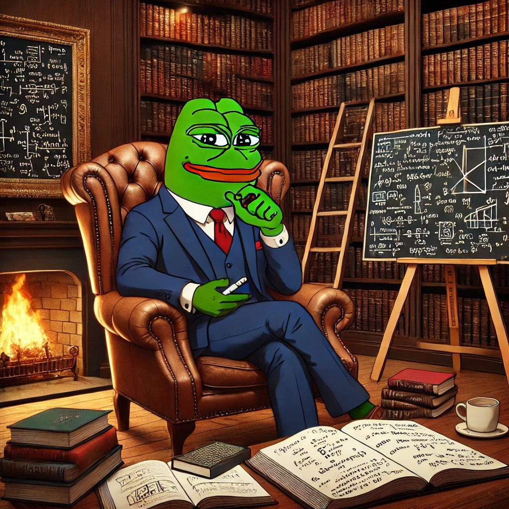 Pepe the Frog, wearing a full suit, reading in a luxurious private library. The room is filled with wooden shelves stacked with books, a cozy fireplace, and a large leather armchair where Pepe sits. Nearby, there's a large whiteboard covered in complex mathematical equations and diagrams. Pepe looks confident and alpha as he reads, with a marker in hand, ready to jot down more notes. The scene has a scholarly and authoritative atmosphere.