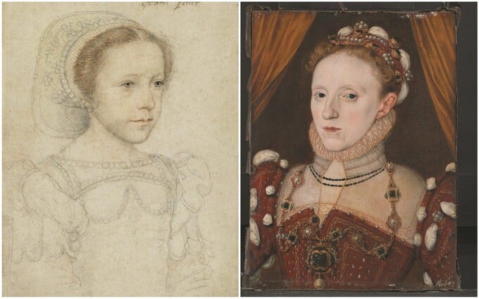 Forced into enmity: Mary as a child by François Clouet (left) and George Gower's portrait of Elizabeth I