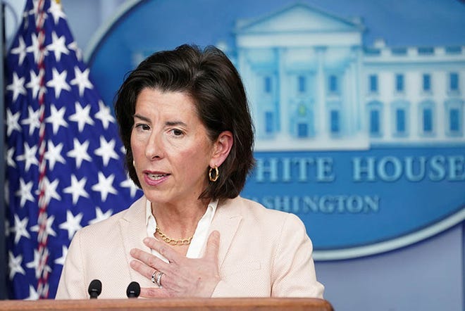 U.S. Secretary of Commerce Gina Raimondo speaks during a press briefing at the White House in Washington, U.S. on April 7, 2021.