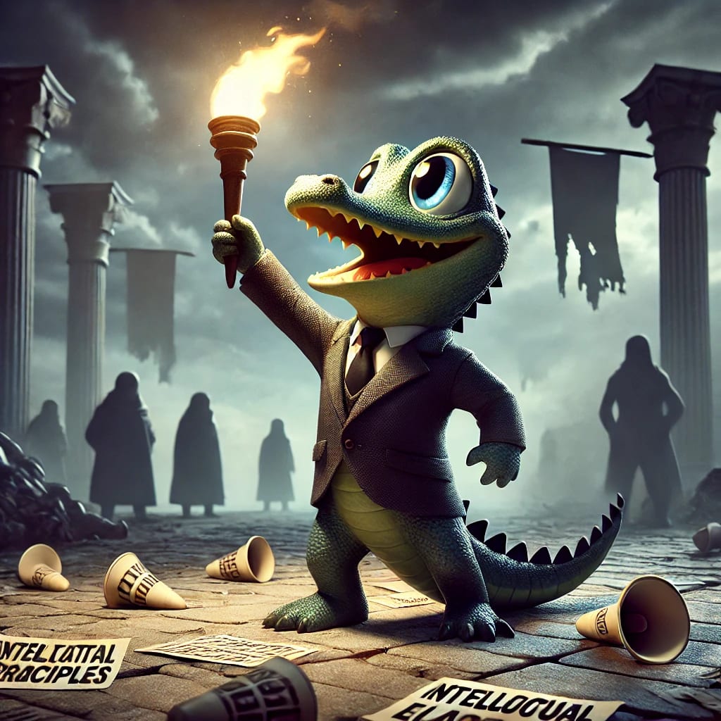 A small, cute, anthropomorphic alligator, Croaky, depicted in a true Pixar-like style. He is standing in the ruins of an ideological battlefield, wearing a sharp, full conservative suit with a tie and pants. Croaky holds a glowing torch high in one hand, symbolizing enduring principles, while scattered tattered slogans lie around his feet. In the background, shadowy figures resembling cheerful yet oblivious Eloi and dark, menacing Morlocks lurk, symbolizing intellectual laziness and exploitation. The atmosphere is dramatic with stormy clouds, but faint rays of light break through, symbolizing hope and resilience.