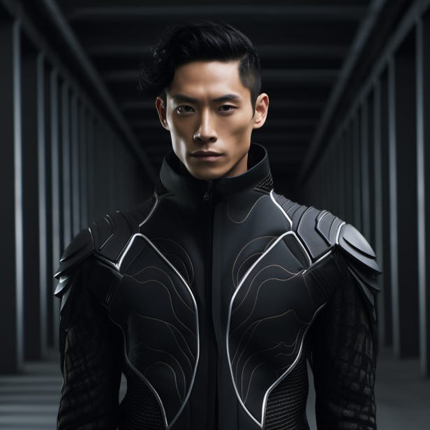 A young Asian male in futuristic clothes but is otherwise technologically unaugmented.