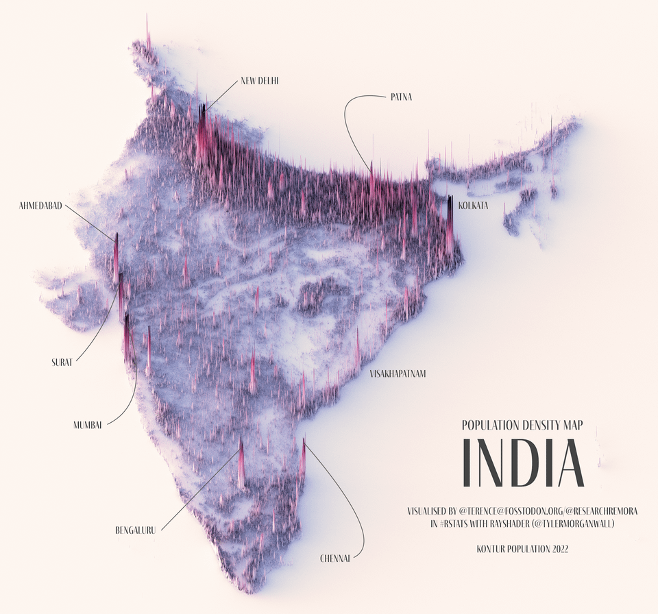 r/dataisbeautiful - [OC] A population density map of India