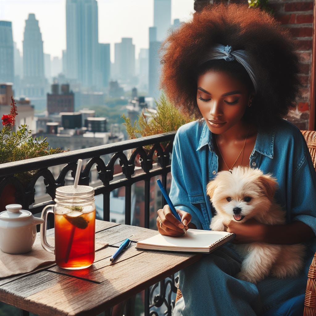 African American woman, writing a letter, sitting on balcony, with a sweet tea and puppy, overlooking the city