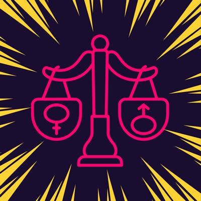 dessin stylisé d'une balance de justice rose avec d'un côté le symbole masculin et de l'autre le symbole féminin, la balance est en équilibre avec les deux côtés au même niveau. Le tout est entouré d'un cadre à piques jaunes qui donne une impression de bataille.