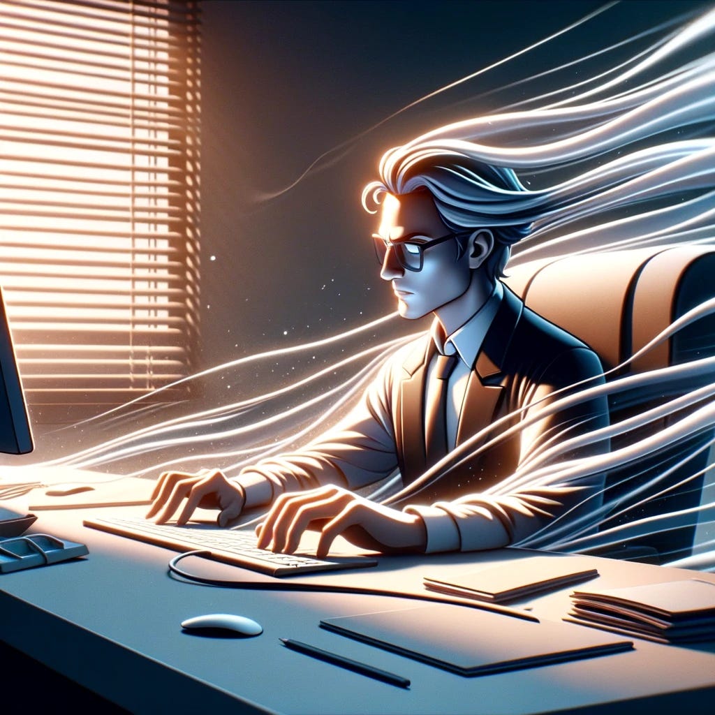 Create an animated-style image of a person deeply immersed in work on their computer, depicting the concept of a flow state. The individual should appear highly focused and content, with an expression of intense concentration. The workspace is designed to be minimalistic, emphasizing the subject's complete absorption in their task. The scene is lit by soft, ambient light, creating an atmosphere of tranquility and intense focus. The background is slightly blurred, suggesting that the outside world is out of focus and only the task at hand matters. This artistic depiction aims to capture the feeling of being so engaged in work that time seems to fly by unnoticed.