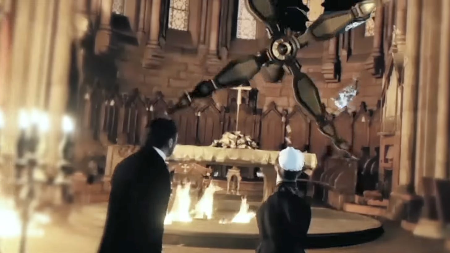 A giant metal arm stabs in through a church window at two people