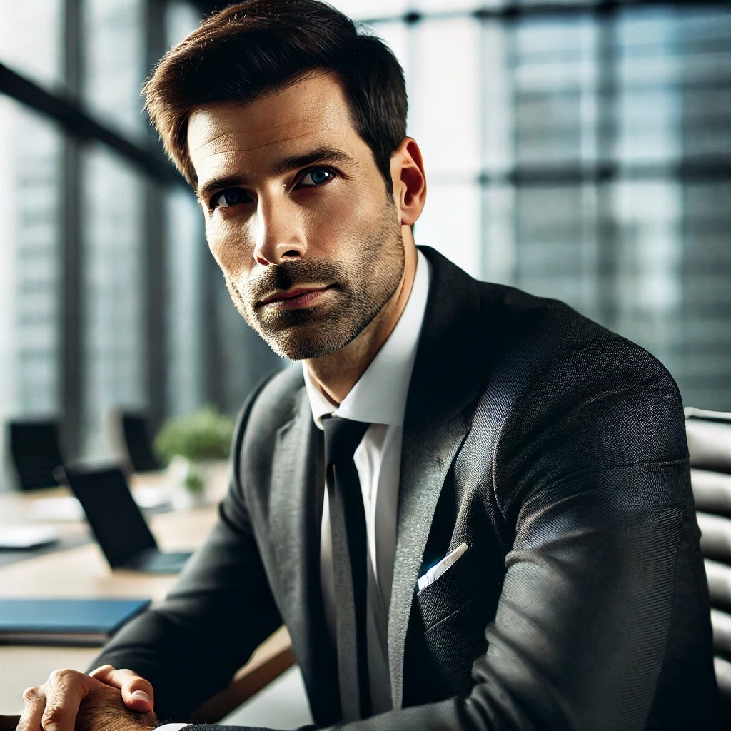 A professional man in his late 30s, with short dark hair and wearing a business suit, sitting in a modern office environment. He appears thoughtful and focused, with a hint of stress in his expression. His desk is organized with a laptop and documents, but there is a feeling of tension in the scene, as if he's struggling between the demands of a rigid corporate structure and the desire for creative freedom. The office setting includes a large window with city buildings in the background, giving the image a contemporary corporate atmosphere.