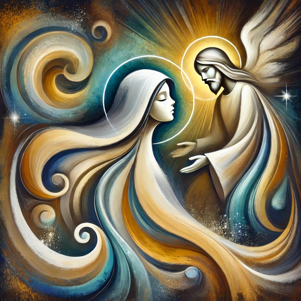 An abstract, playful painting of a nun representing the concept of 'Bräute Christi' (Brides of Christ). The main object is an abstract figure of a nun, with flowing, soft shapes symbolizing purity and devotion. The nun is surrounded by a celestial atmosphere with Christ embracing her in a symbolic, non-figurative way. Use bright colors like gold and white for the nun to contrast with a harmonious background in shades of green, blue, brown, and black, evoking a sense of spirituality and divine connection. The brushstrokes should be visible, creating texture and movement while keeping the composition flat and decorative.