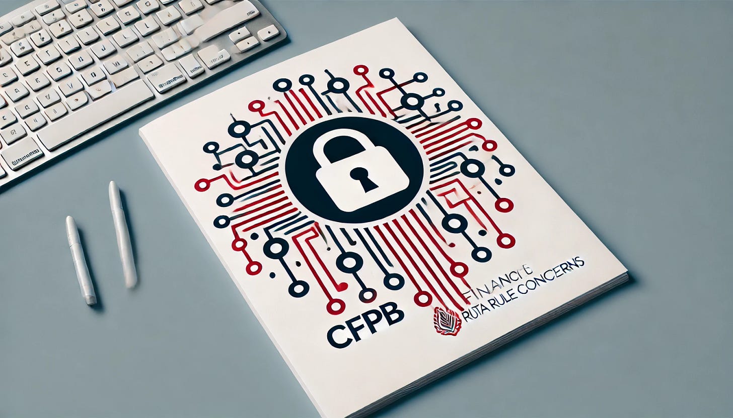 A minimalist graphic in landscape format using red, white, and blue to represent CFPB's Financial Data Rule concerns. The image features a lock symbol over a data network, symbolizing restrictions or concerns over data access, with a clean plain background in a landscape layout.