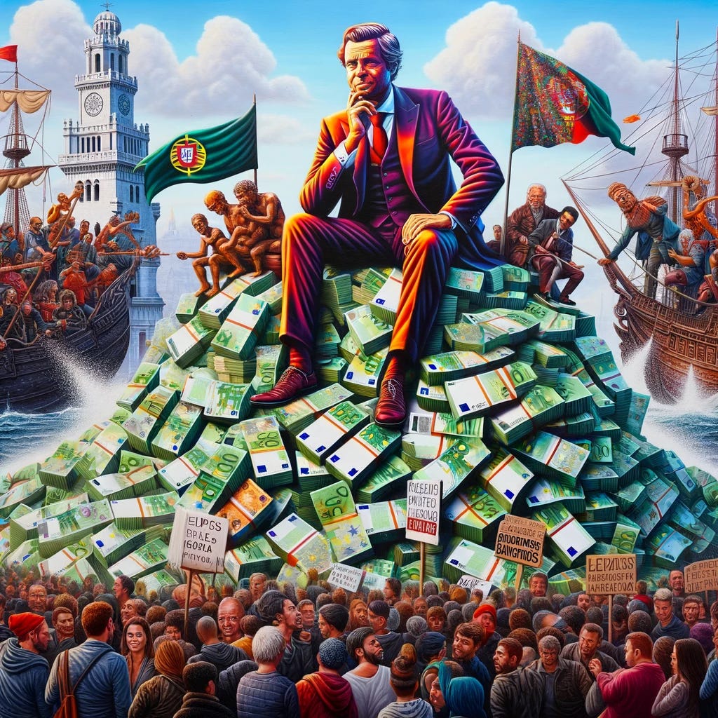 A vivid depiction of a political figure, symbolically sitting on a huge pile of Euro notes, with the scene set in a distinctly Portuguese context. The background features iconic Portuguese symbols, such as the Belem Tower and the Discoveries Monument, ensuring the setting is unmistakably Portugal. Around the pile of money, a lively crowd of protestors is gathered, holding signs and flags that reflect common themes in Portuguese public discourse. The protestors display a mix of emotions, from frustration to passionate advocacy, indicating a deep engagement with the country's economic and political challenges. This image captures the intersection of leadership, financial policy, and public response within the unique cultural and historical backdrop of Portugal.