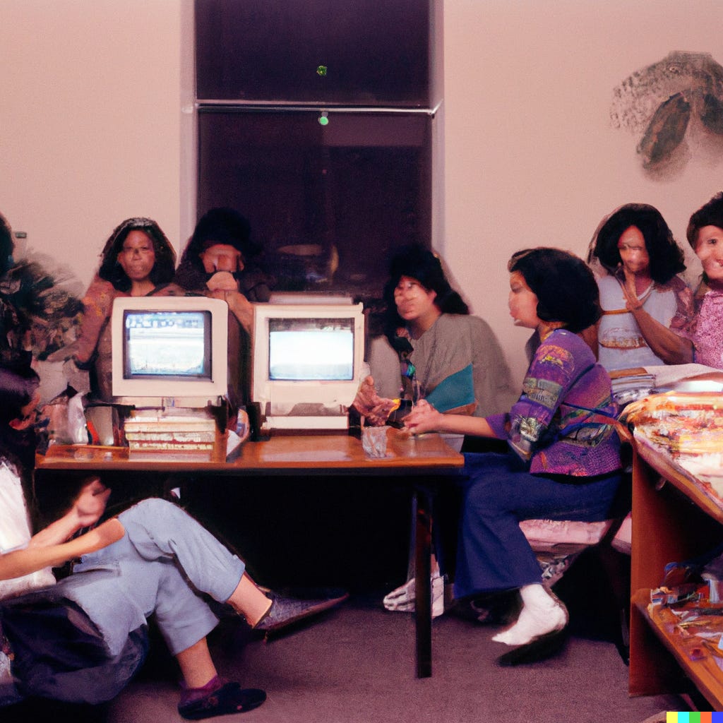 an AI- assisted faux "photo" of a 1980s-era party with a group of people seated in a room where there are several old desktop computers