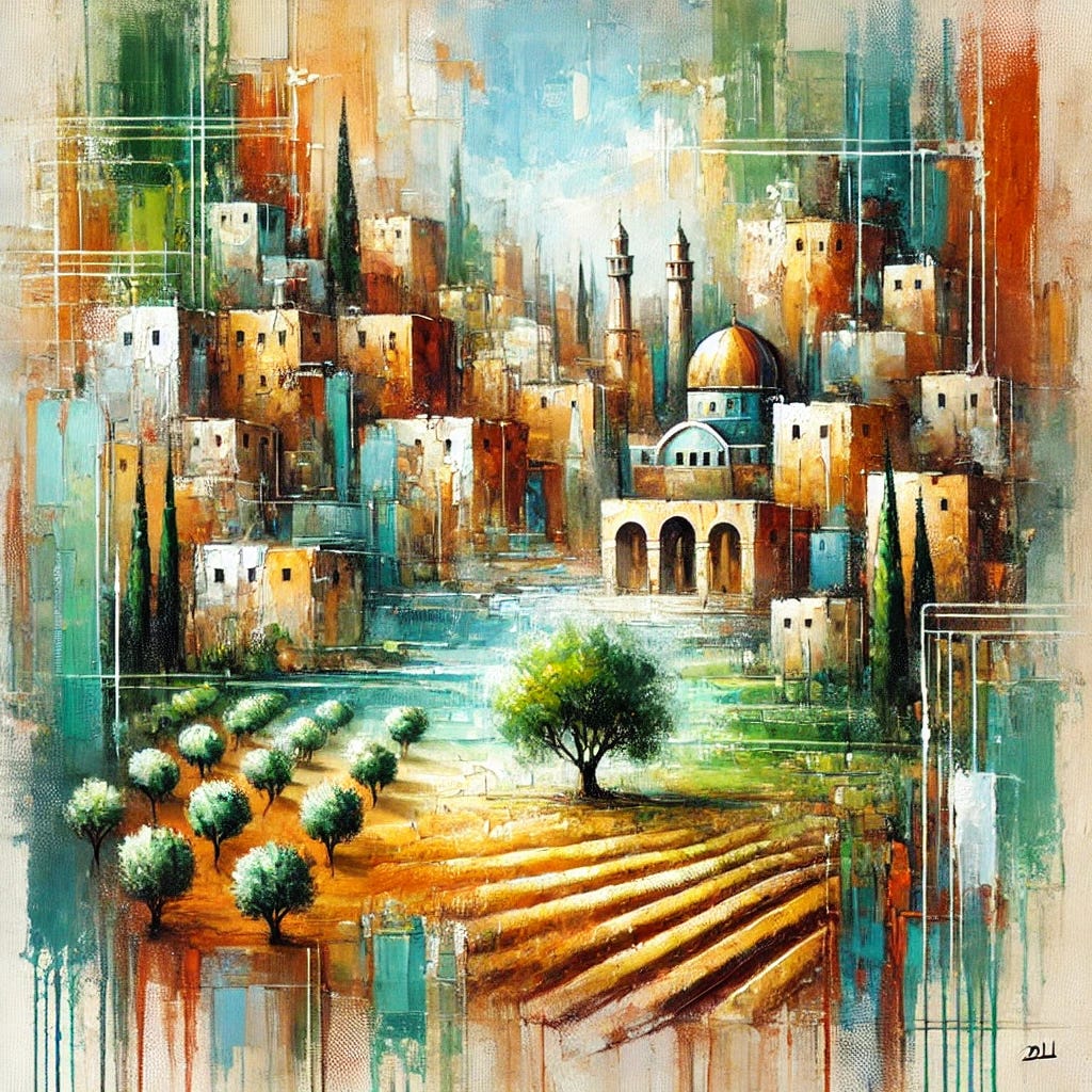 A square abstract oil painting inspired by the late Ottoman period in Palestine, using bold, sweeping brushstrokes and vibrant colors to convey the harmony of diverse cultures and the richness of the land. The composition blends abstract shapes representing urban architecture, olive groves, and agricultural fields with warm, earthy tones and splashes of green and blue symbolizing life and vitality. The piece has an impressionistic yet modern feel, evoking a sense of coexistence and historical depth.