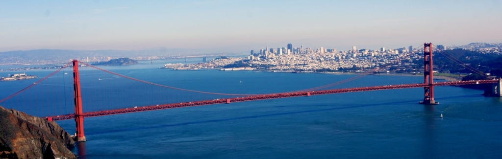 The famous Golden Gate Bridge, with San Francisco behind it.