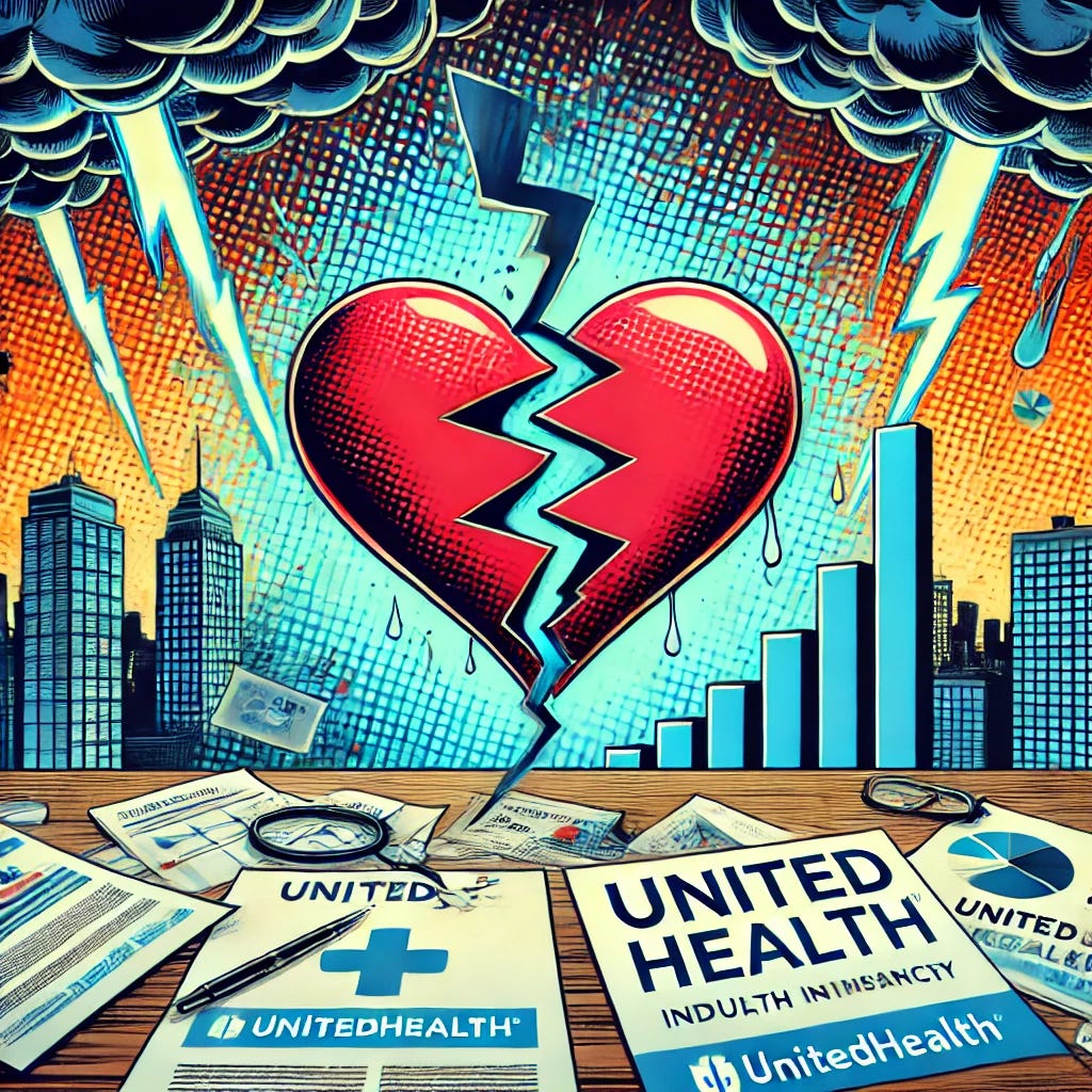 A dramatic pop-art style illustration of the health insurance industry in turmoil, featuring the UnitedHealth logo prominently. The image shows a heart symbol breaking in two, surrounded by falling financial graphs and scattered insurance documents. In the background, a chaotic cityscape with stormy clouds and lightning bolts creates a tense atmosphere. The overall style incorporates bold lines, vibrant colors, and a sense of urgency.