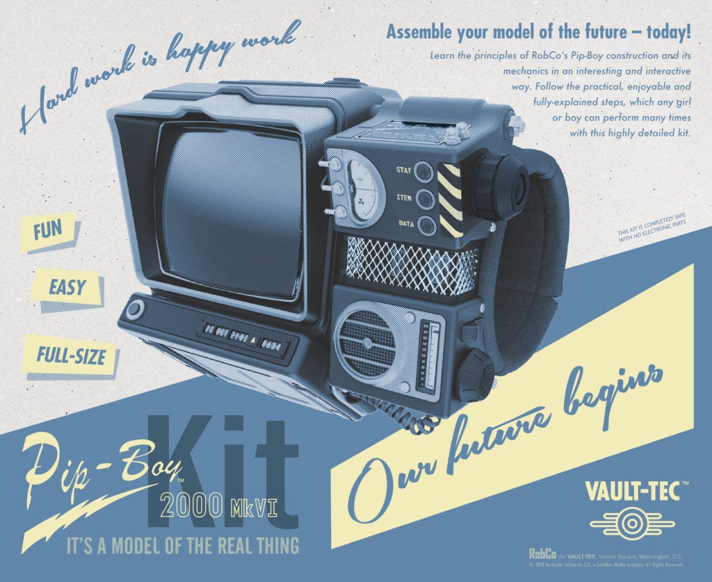 uma propaganda no estilo dos anos 50 para o produto Pip-Boy 2000, criado pela Vaul-Tec dentro do universo Fallout, o Pip-Boy é um relógio com uma minitv acoplada, mas é bem grande para o tamanho de um pulso