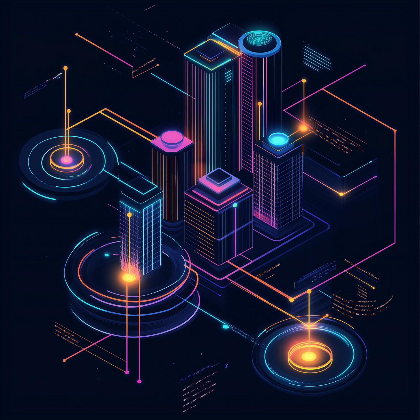 A sleek, modern infographic visualizing the AI ecosystem as a futuristic cityscape interconnected by neon-lit pathways. The design features three towering hubs: a futuristic university glowing in Electric Blue, symbolizing AI research; an innovation hub in Sunset Pink, representing startup collaboration; and corporate skyscrapers in Sunshine Yellow, depicting large-scale AI deployment. Smooth, glowing circuit-like connections flow between the buildings, illustrating the movement of knowledge, talent, and capital. The background is a deep navy with subtle grid textures and digital overlays, enhancing the high-tech, minimalistic aesthetic.