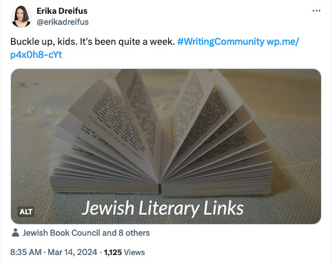 Screenshot of a tweet introducing the latest "Jewish Literary Links" post on My Machberet. Introductory text reads, "Buckle up, kids. It's been quite a week."