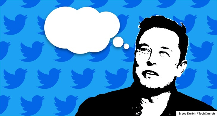 Elon Musk with a thought bubble, twitter logo background