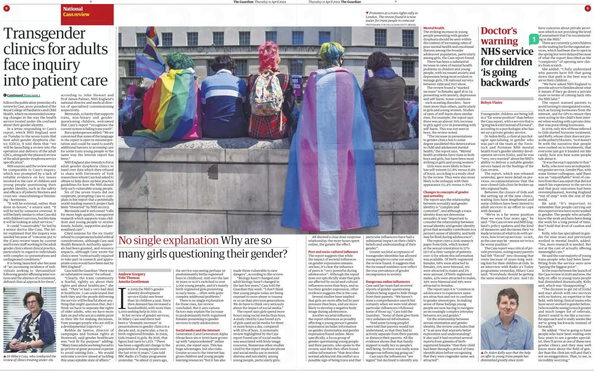 Guardina double page spread featuring three articles on trans people