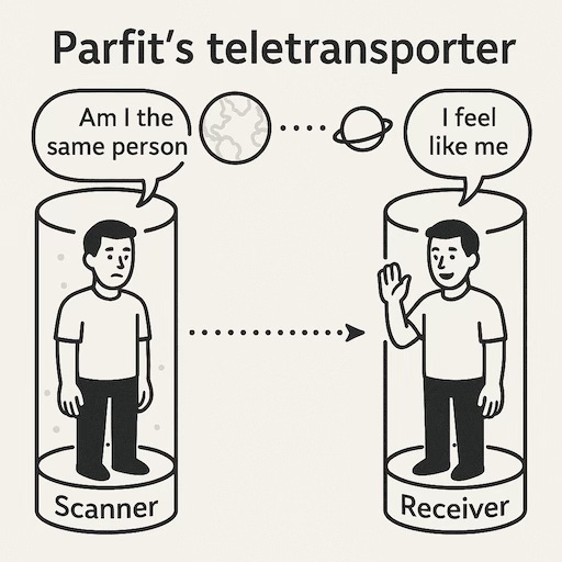 GPT-4o: A cartoon-style illustration labeled “Parfit’s teletransporter” depicts a philosophical thought experiment. On the left, a person stands inside a cylinder labeled “Scanner,” with a speech bubble saying, “Am I the same person.” A dotted line leads from this scanner across space to another cylinder on the right labeled “Receiver,” where an identical person is waving and saying, “I feel like me.” The image visually explores identity and continuity of self in teleportation.