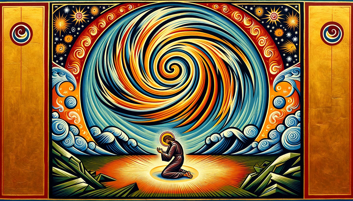 An iconographic representation focusing on a central whirlwind symbolizing God's presence, with bold, stylized lines and rich, vibrant colors. In front of the whirlwind, a broken and humble figure of Job is depicted in a traditional religious icon style, kneeling or prostrate, showing his awe and reverence. The background includes simplified symbolic elements of nature like stars and clouds, enhancing the sense of divine omnipotence. The overall composition should reflect the sacred art style with a sense of profound spirituality and reverence.