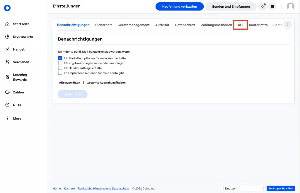 Coinbase API Menü Steuer