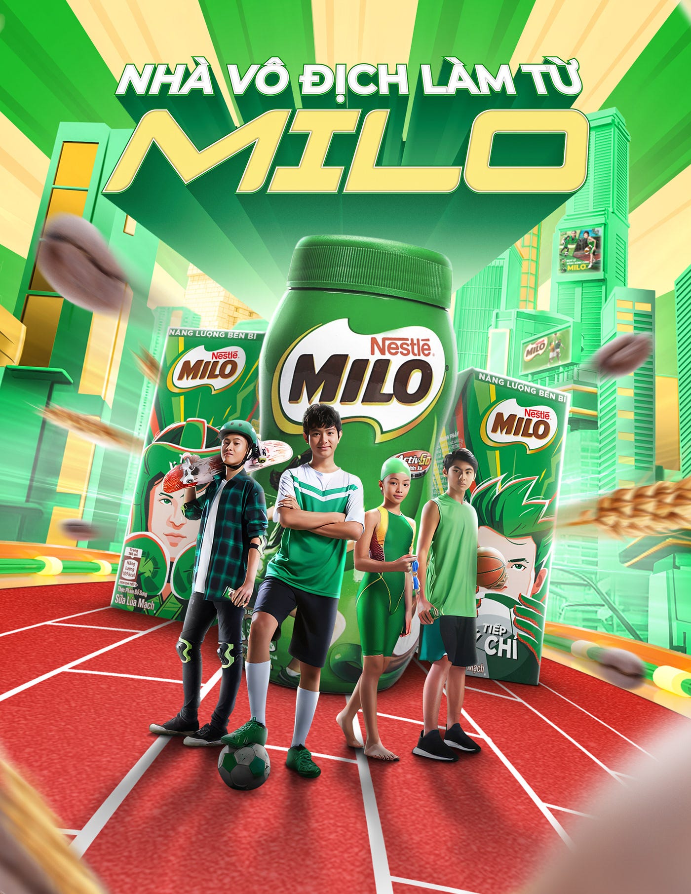 A poster advertising Milo, featuring some sporty youngsters who owe it all to malt and sugar. 