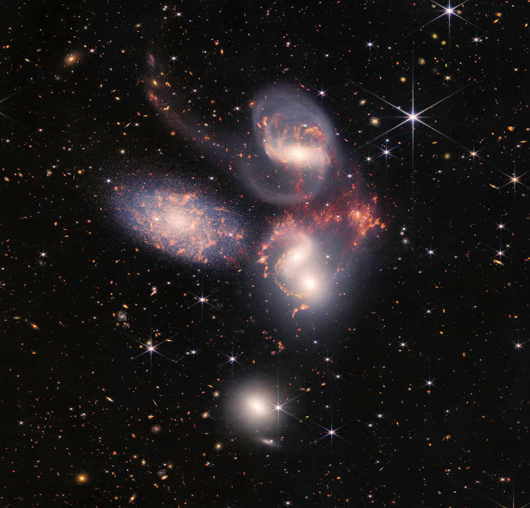 the most detailed composition of Stephan’s Quintet we currently have, taken by the James Webb Space Telescope in 2022. there are five galaxies, of which four are predicted to one day fall into each other and combine. space is often dark — largely empty — but in this picture, this backdrop shines. you can’t help but feel genuine awe looking at it.