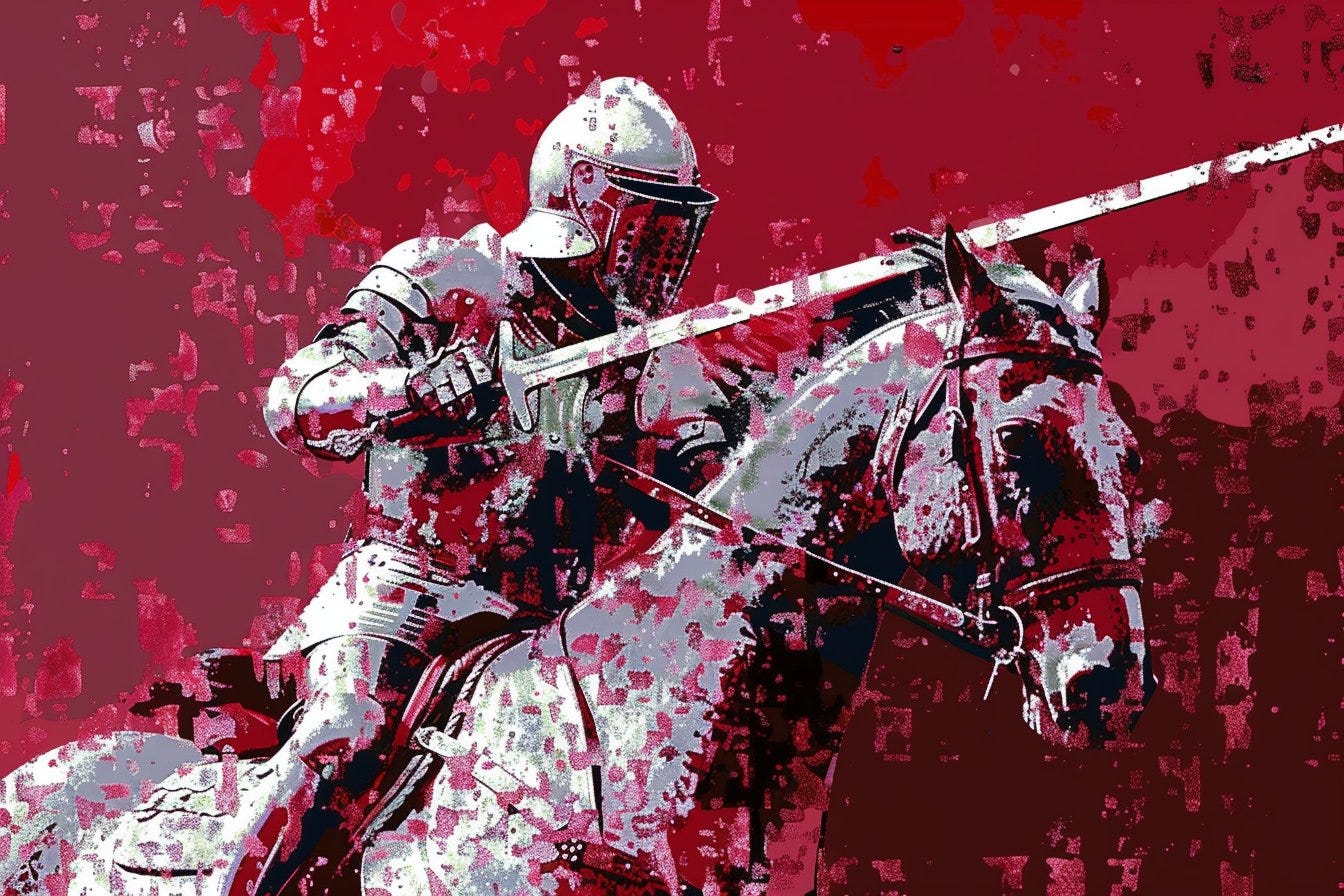 A gallant knight through 'Digital Renaissance Fair', a style blending Renaissance fair charm with digital world elements, in Renaissance crimson and pixelated silver --ar 3:2 --style raw -