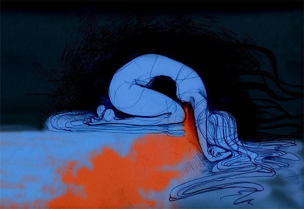 in blue, a sketch of a woman curled up over herself in pain as a stream of orange escapes from underneath