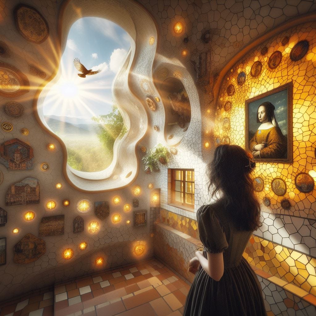 Hyper realistic;tilt shift;dark haired woman in front of small painting “The Art of painting” by Johannes Vermeer, painting with merging Quatrefoil on wall: small painting with tan Gothic Tracery: chartreus glowing decorative tiles. painting merges into the Hundertwasserhaus, Vienna, Austria:painting partly embedded in wall. Interior warm light. sunbeams shining through. vast distance. Tilt shift. Bird flying by. Clouds overhead raining prisms of light on strings