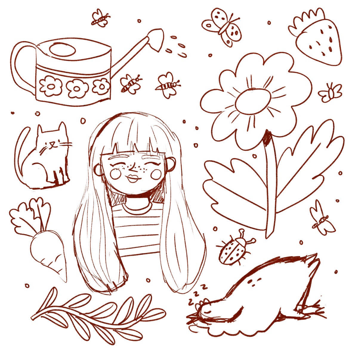 A digital sketch of a collection of things: flowers, bees, a watering can, a girl character, a cat, a sleeping chicken, a beet and more.