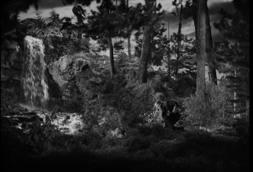 a black and white screenshot of a set from "Bride". The Monster crouches over a small creek in a wooded area. A waterfall roars in the background