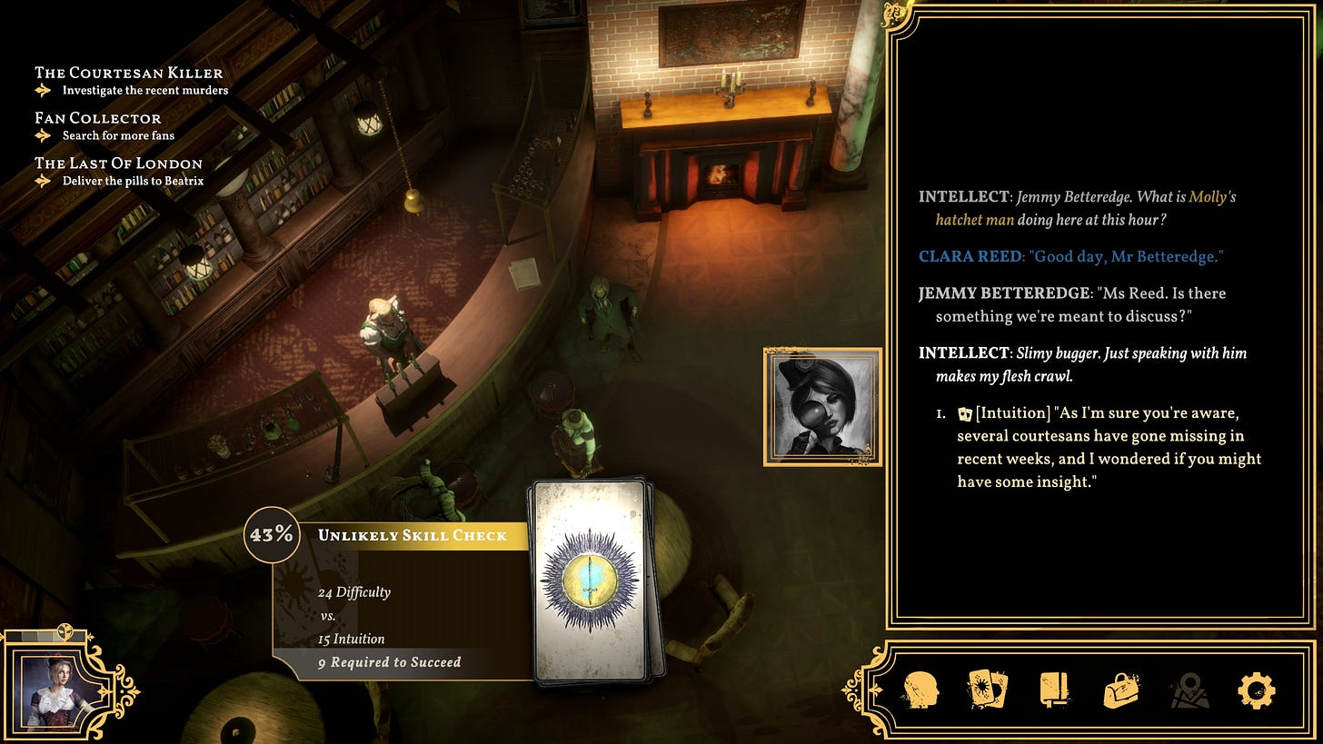 A screenshot of the game Sovereign Syndicate, showing a dialogue between Clara Reed and Jemmy Betteredge, displaying an unlikely skill check for the Intuition skill.