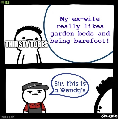 comic strip style, in first panel stick figure named "thirsty tobes" says My ex-wife really likes garden beds and being barefoot! In the next panel, a figure in a work uniform says "sir, this is a Wendy's"