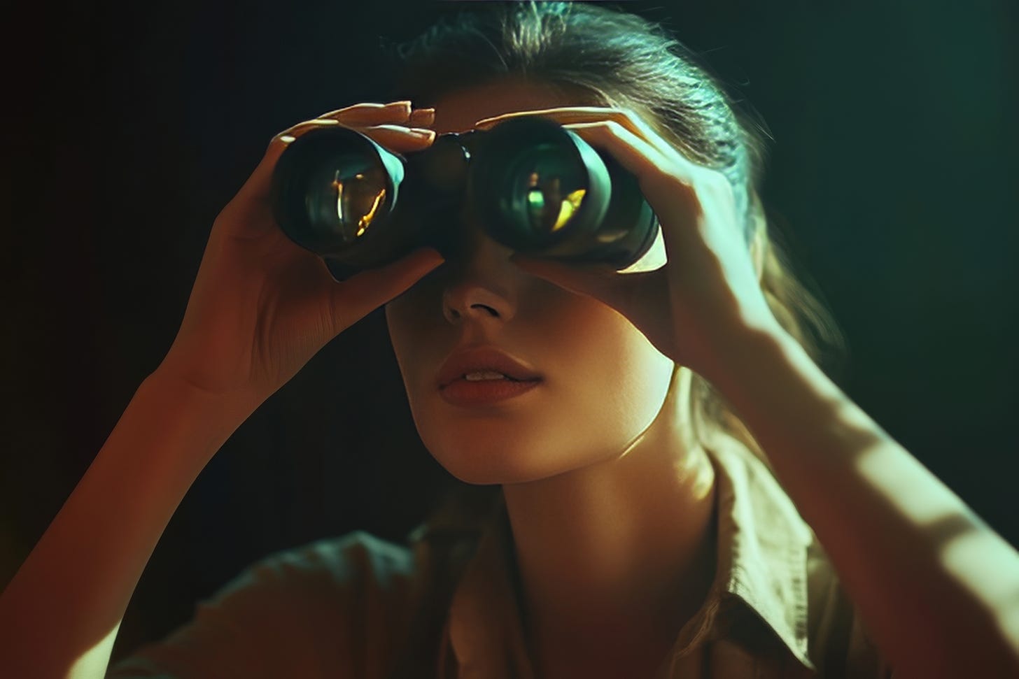 Young woman looking through binoculars.