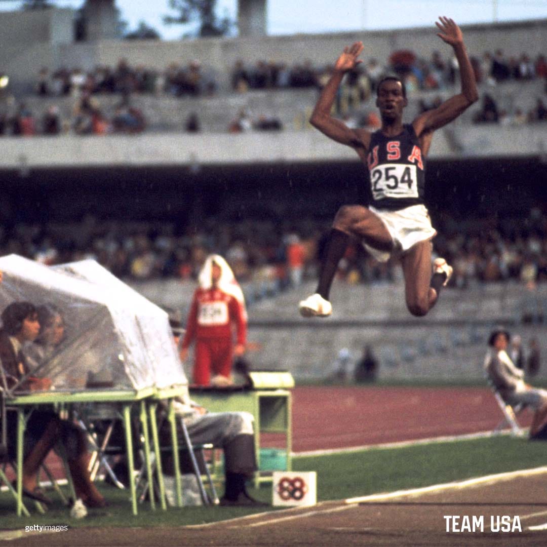 Olympian Bob Beamon jumping long jump