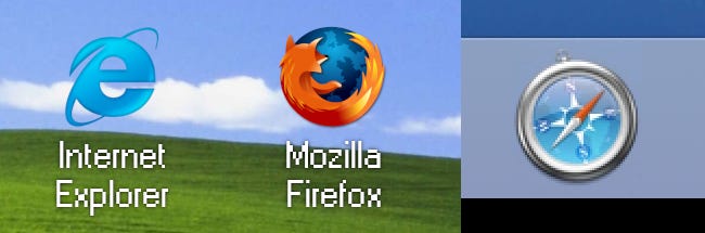 Internet Explorer, Firefox, and Safari icons in 2004.