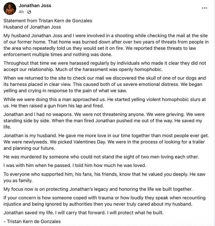 A statement from Tristan Kern de Gonzales recounting an incident with a mail dispute and alleged harassment, defending his husband, Jonathan Joss