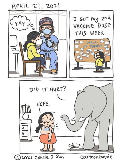 Second Vaccine Dose (page 1) Page 1 of a journal comic about getting my second vaccine dose in NYC, comic page, illustration by Connie Sun, cartoonconnie