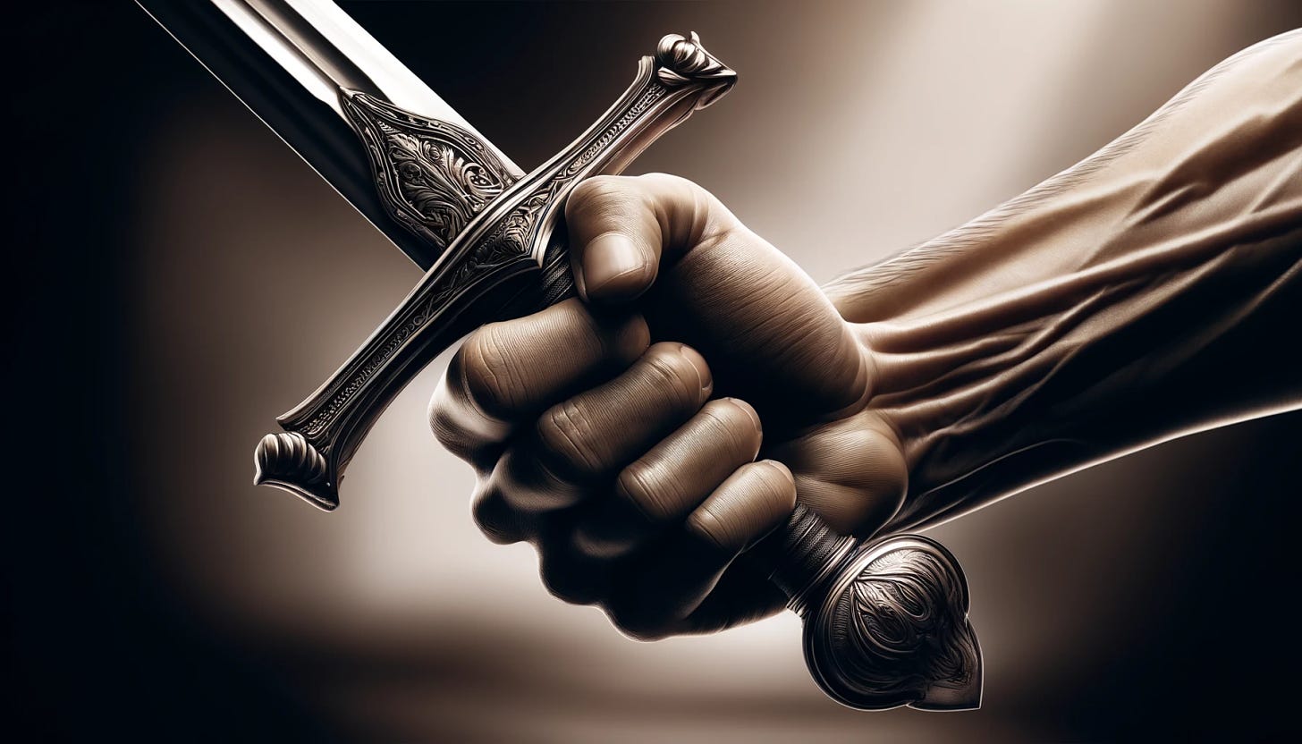 A realistic depiction of a hand gripping a sword. The hand is strong and muscular, with visible veins and a firm grip. The sword has a gleaming metal blade and a detailed hilt, featuring intricate designs. The background is blurred to emphasize the hand and the sword. The image has a wide aspect ratio.